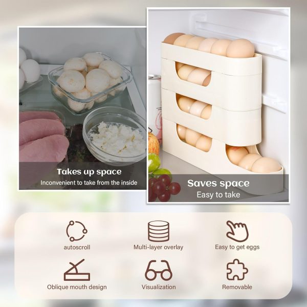⁦Egg Holder for Fridge Egg Dispenser, 3 Tiers Auto Rolling Fridge Egg Organizer, Space Saving Egg Dispenser Holder, Stackable Eggs Fridge Egg Rack, Large Capacity Egg Dispenser for Refrigerator, White⁩ - الصورة ⁦2⁩