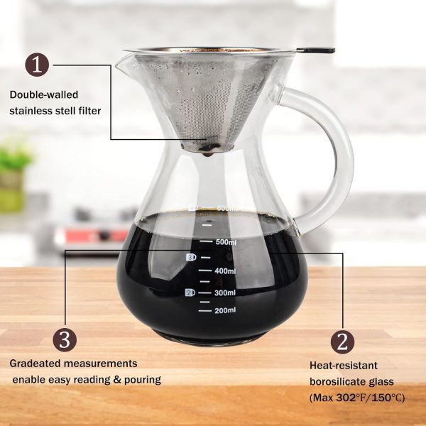 ⁦Azonee Pour Over Coffee Maker, 600ml Paperless Borosilicate Glass Carafe With Reusable Stainless Steel Permanent Filter - Clear Manual Dripper Brewer for Home Office⁩ - الصورة ⁦8⁩