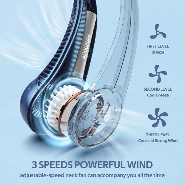 ⁦Portable Neck Fan, Hands Free Bladeless Fan, 360° Cooling Personal Fan,Wearable Quiet Fan for Outdoor Indoor, Birthday Gifts for Men Women Mom Dad, 4000mAh Battery USB Rechargeable, 3-Speeds(Blue)⁩ - الصورة ⁦3⁩
