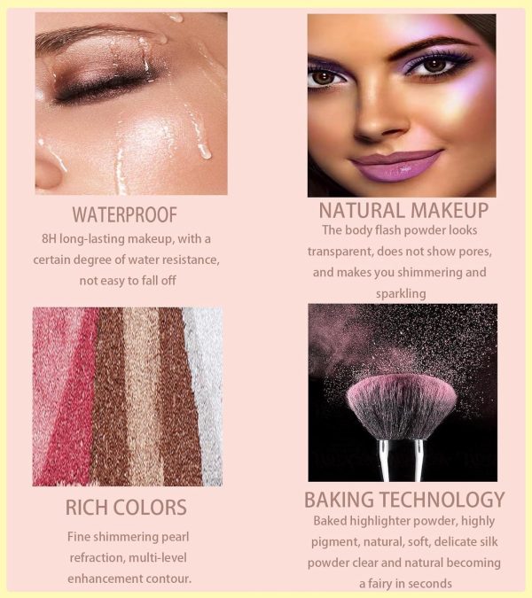 ⁦Azonee Shimmer Highlight Palette, Highlighter Palette for Face Cheek, Facial Bronzers Illuminator Bright 8 Color Baked Powder, Glow Metallic Glitter Brighten- Shape, Contour & Highlight Face⁩ - الصورة ⁦3⁩