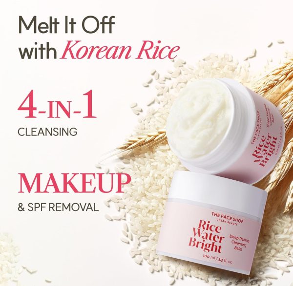 ⁦The Face Shop Rice Water Bright Cleansing Balm, Removes Makeup & SPF, 4-in-1 Makeup Remover, for All Skin Types, Korean Rice Extract, Lavender Oil, 100ml / 3.3 fl. oz.⁩ - الصورة ⁦2⁩