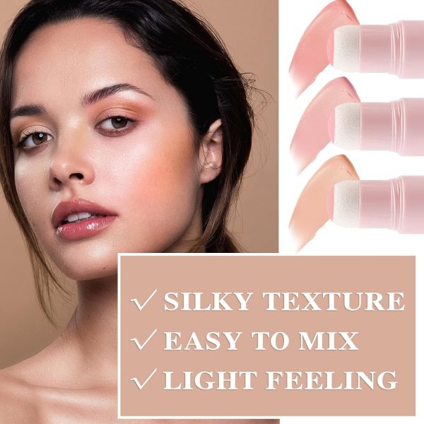 ⁦Azonee 3 PCS Cream Blush Stick with Brush, 3-in-1 Cheek Blush & Lip Tint & Eyeshadow Moisturizing Lightweight Multi-Stick Blush, Cream Contour Stick, Natural And Long-Lasting, Waterproof⁩ - الصورة ⁦3⁩