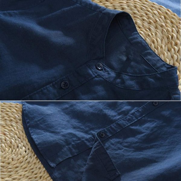 ⁦Fankle Mens Button Down Shirts Casual Short Sleeve Linen Tops Cotton Lightweight Tees Plain Henley Shirts Banded Collar, Navy, XL⁩ - الصورة ⁦5⁩