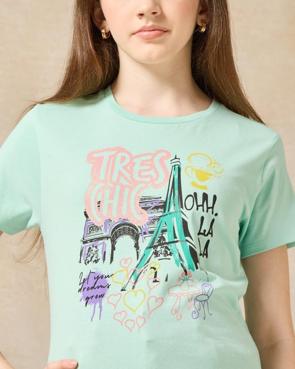 ⁦REDTAG Senior Girls Blue Paris Print T-Shirt⁩ - الصورة ⁦4⁩