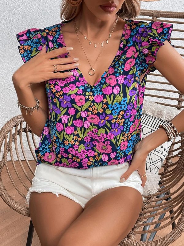 ⁦GORGLITTER Women's Allover Floral V Neck Ruffles Cap Sleeve Boho Blouse Top Multicolor M⁩ - الصورة ⁦4⁩