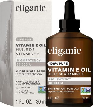 Cliganic 100% Pure Vitamin E Oil for Skin, Hair & Face - 30,000 IU, Non-GMO Verified | Natural D-Alpha Tocopherol (Packaging May Vary)