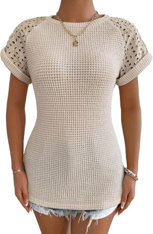 GORGLITTER Women's Eyelet Embroidery Waffle Knit Lace Tee Shirts Crewneck Short Sleeve Top Apricot M