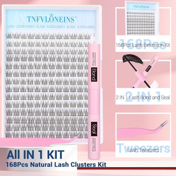 ⁦TNFVLONEINS Natural Lash Extension Kit 168Pcs Lash Clusters Kit Wispy Eyelash Extensions 9-12MM Individual Lashes Extensions with Bond and Seal Lash Glue and Eyelash Extension Tweezers DIY at Home⁩ - الصورة ⁦2⁩