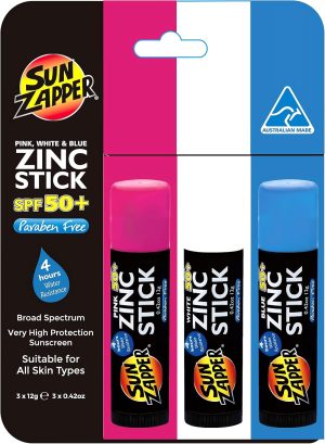 Sun Zapper Zinc Oxide Sun Block - Pink, White & Blue - SPF 50+ - Very High Sun Protection.