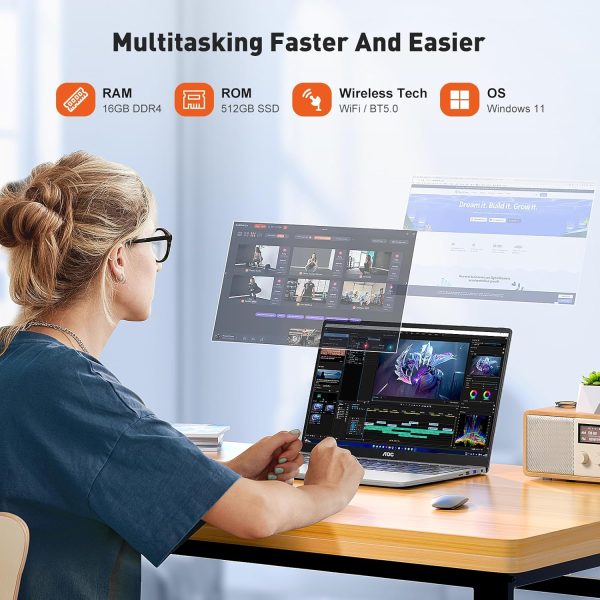 ⁦AOC Laptop Computer 16GB RAM 512GB SSD Work Laptops 15.6 Inch FHD Screen Premium Laptop (Up to 3.6GHz) Windows 11 Laptop Computer, Light&Thin, Metal Shell, Webcam, Type-C, USB3.2⁩ - الصورة ⁦3⁩