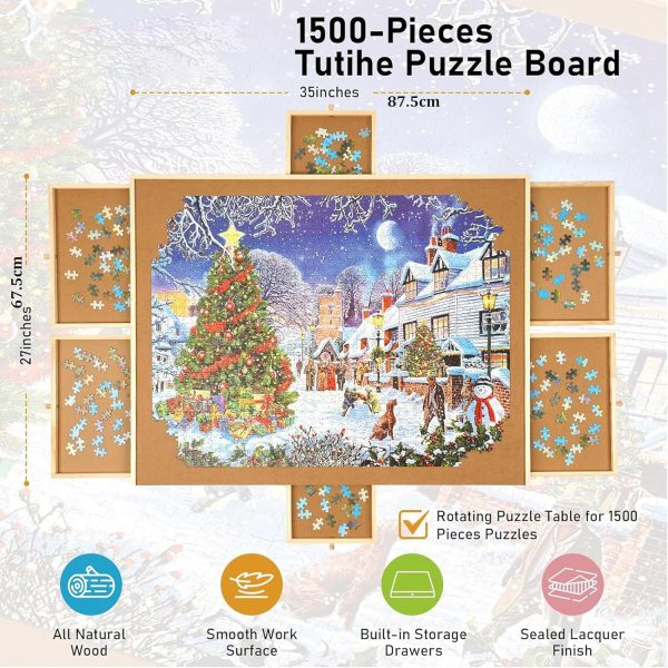 ⁦1500 Piece Rotating Puzzle Board with 6 Drawers and Cover, Portable Wooden Jigsaw Puzzle Table, Spinning Puzzle Boards for Adults and mom, 94 * 71 * 1.5Cm⁩ - الصورة ⁦4⁩