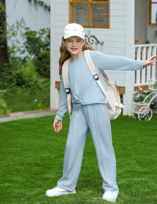 ⁦Yekaty Girls Clothes Long Sleeve Twist Front Shirts and Wide Leg Pants Sweatsuits 2 Piece Fall Outfits Jogger Set⁩ - الصورة ⁦2⁩