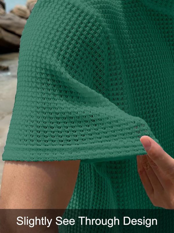 ⁦Men's Casual T-Shirt Crew Neck Short Sleeve Soft Knit Tee Shirts for Men Summer Beach Mesh Waffle Textured Plain Color Tops⁩ - الصورة ⁦5⁩