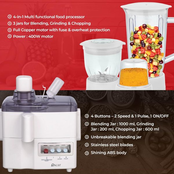 ⁦OSCAR | Food Processor | Model: OFB176 | One Solution for Cutting, Chopping, and Dough Making, etc | Multiple Accessories, Large Capacity Bowl, Powerful Motor, Strong Construction⁩ - الصورة ⁦2⁩