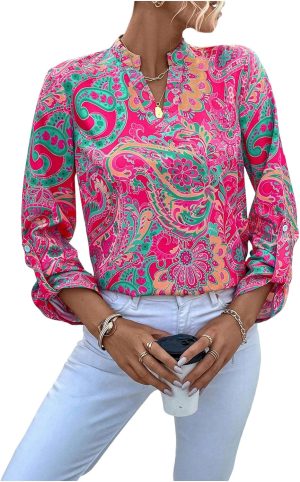 GORGLITTER Women's Loose Shirt Graphic Print Notched Long Sleeve Work Blouse Tops Hot Pink S