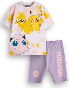 Pokemon Girls T-Shirt & Shorts Set | Kids Tie Dye Short Sleeve Graphic Tee & Purple Cycling Shorts Complete Outfit | Pikachu Jigglypuff Clothing Bundle | Game TV Series Movie Merchandise Gift