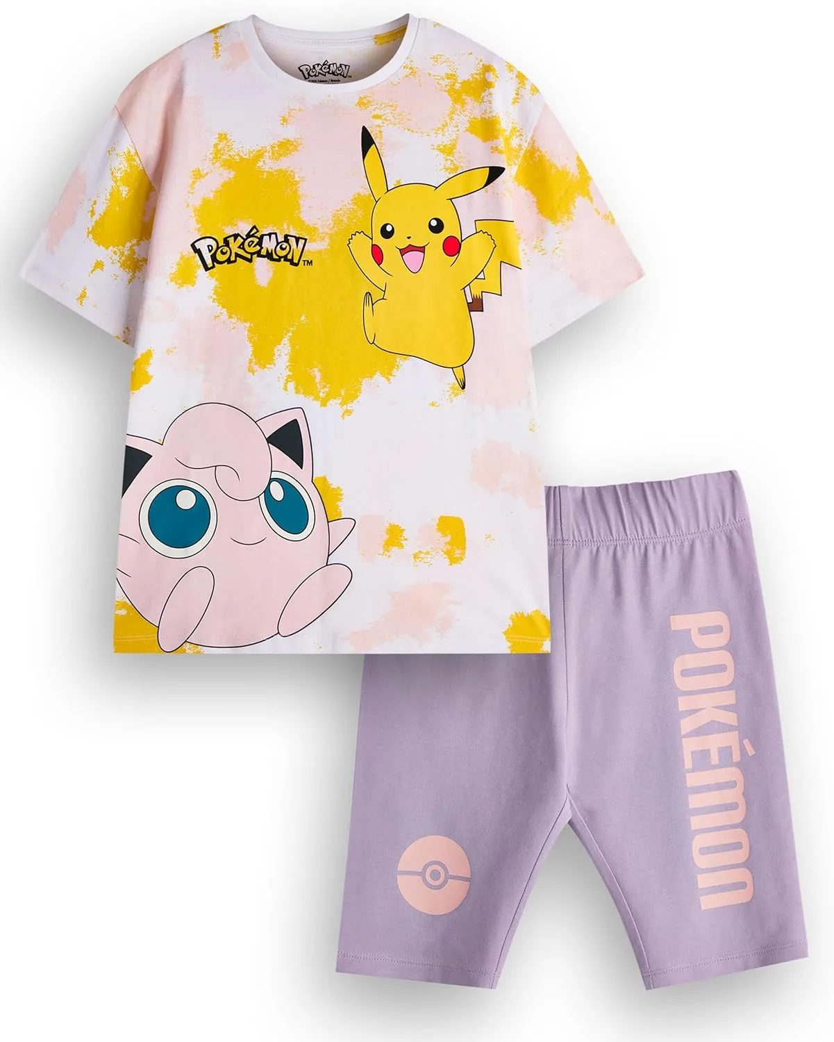 Pokemon Girls T-Shirt & Shorts Set | Kids Tie Dye Short Sleeve Graphic Tee & Purple Cycling Shorts Complete Outfit | Pikachu Jigglypuff Clothing Bundle | Game TV Series Movie Merchandise Gift
