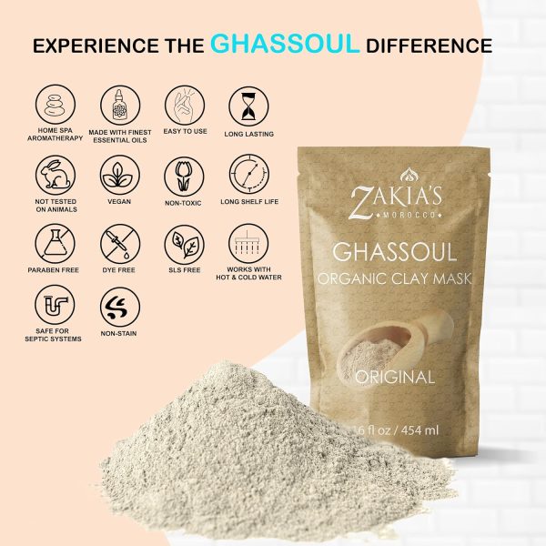 ⁦Zakia's Morocco Ghassoul Clay Mask - Organic Natural Facial Mask and Skin Care Treatment - Anti-aging Mud Mask Heals Dry & Oily Skin, Acne, Eczema & Psoriasis - 8 Oz⁩ - الصورة ⁦4⁩