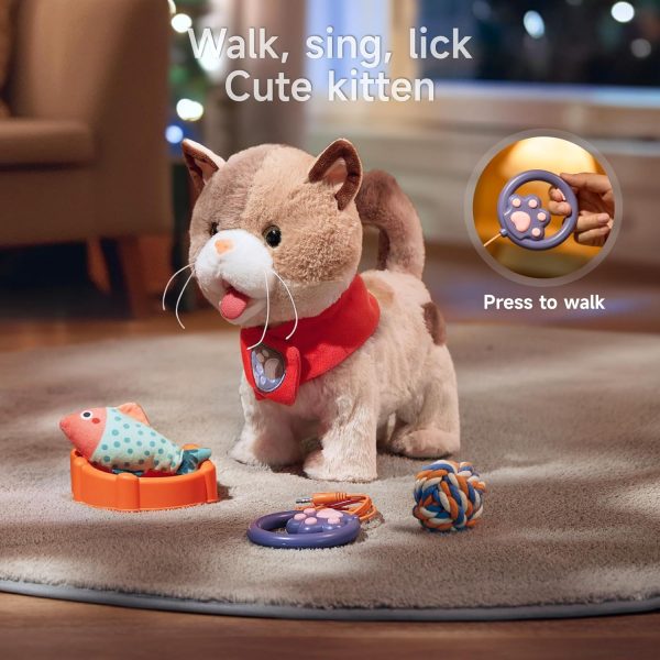 ⁦Interactive Electronic Plush Cat Toy for Kids, Realistic Walking Cat Toy That Walks, Meows,Tongues Out and Wags Tail, Kitten Pet Toy with Leash, Birthday Boys and Girls 3 4 5 6 7 Years Old⁩ - الصورة ⁦6⁩