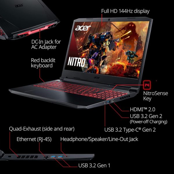 ⁦Acer Nitro 5 AN515-57-79TD Gaming Laptop|Intel Core i7-11800H|NVIDIA GeForce RTX 3050 Ti Laptop GPU|15.6" FHD 144Hz IPS Display|8GB DDR4|512GB NVMe SSD|Killer Wi-Fi 6|Backlit Keyboard,Black⁩ - الصورة ⁦5⁩