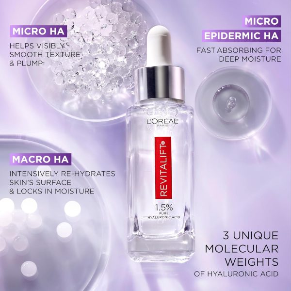 ⁦L'Oreal Paris Revitalift 1.5% Pure Hyaluronic Acid Face Serum, Hydrate & Reduce Wrinkles, Fragrance Free 1 oz⁩ - الصورة ⁦4⁩