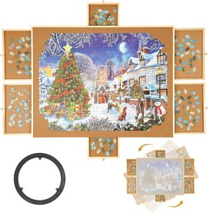 1500 Piece Rotating Puzzle Board with 6 Drawers and Cover, Portable Wooden Jigsaw Puzzle Table, Spinning Puzzle Boards for Adults and mom, 94 * 71 * 1.5Cm