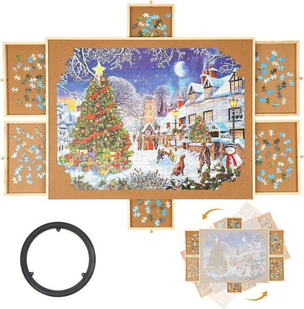 1500 Piece Rotating Puzzle Board with 6 Drawers and Cover, Portable Wooden Jigsaw Puzzle Table, Spinning Puzzle Boards for Adults and mom, 94 * 71 * 1.5Cm