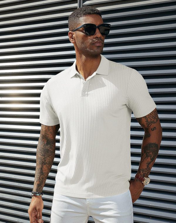 ⁦PJ PAUL JONES Mens Texture Polo Shirts Casual Wrinkle Free Elasticity Short Sleeve Knit Golf Shirt Tops⁩ - الصورة ⁦2⁩