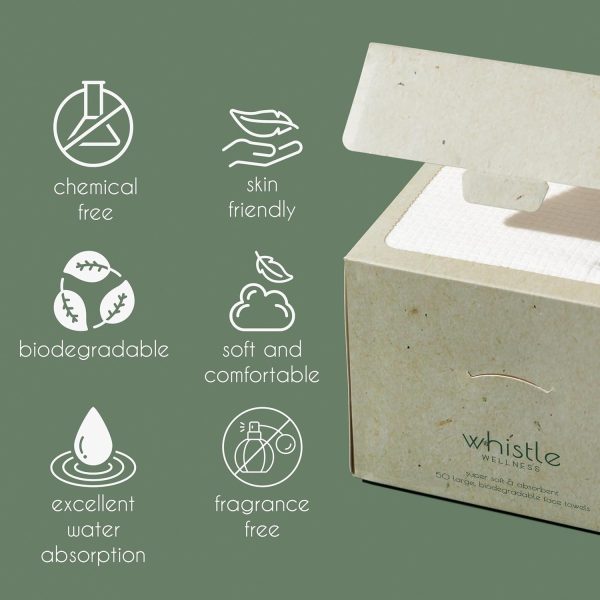 ⁦Whistle Wellness™ Disposable Face Towel - Soft Biobased Super Absorbent Face Towels - 10"×12" Dry Face Wipes for Sensitive Skin - Makeup Remover Face Wipes - Resealable Box - 50 Count (1 Pack)⁩ - الصورة ⁦6⁩