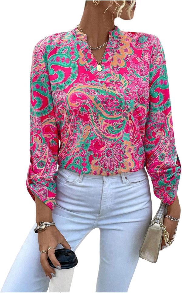⁦GORGLITTER Women's Loose Shirt Graphic Print Notched Long Sleeve Work Blouse Tops Hot Pink S⁩ - الصورة ⁦3⁩