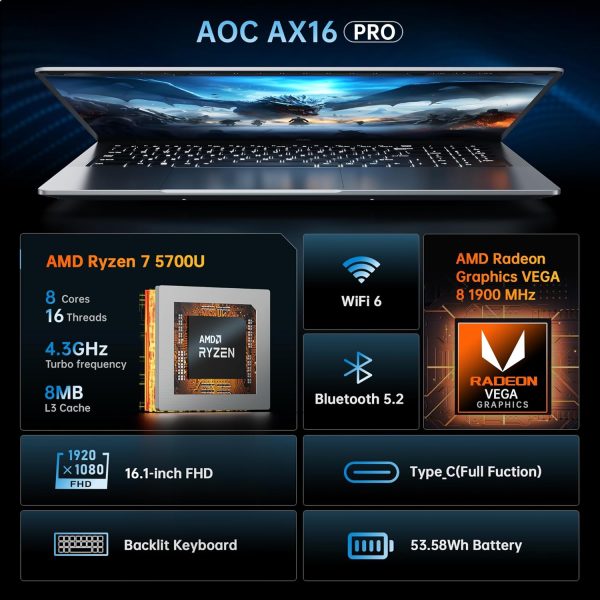⁦AOC 16.1 Laptop Computer AMD Ryzen 7 5700U (8C/16T, Up to 4.3GHz) Radeon RX Vega 8 Graphics Laptop 16GB RAM 512GB NVMe SSD, Windows 11 Pro, FHD Display, WiFi 6, 53Wh Battery, HDMI, Webcam, Backlit KB⁩ - الصورة ⁦4⁩