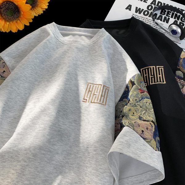 ⁦GMOYD Mens Embroidery T Shirt Crewneck Short Sleeve Shirts Patchwork Baggy Tees Tops⁩ - الصورة ⁦8⁩