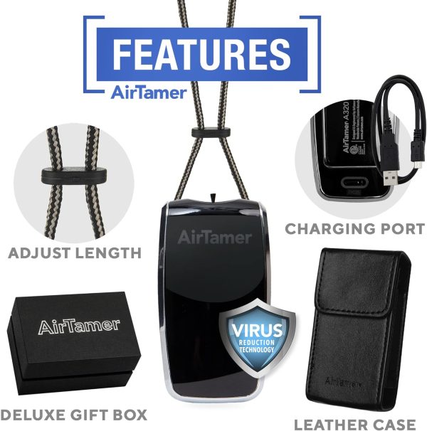 ⁦AirTamer A320 Rechargeable Personal Air Purifier, Proven Performance, Virus and Pollutant Tested*, Black with Leather Travel Case⁩ - الصورة ⁦2⁩