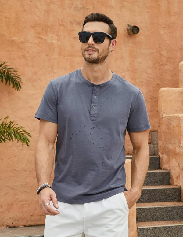 ⁦Men's Fashion Henley Shirts Casual Button Short Sleeve T-Shirt Classic Solid Color Lightweight Cotton Tee Tops⁩ - الصورة ⁦2⁩