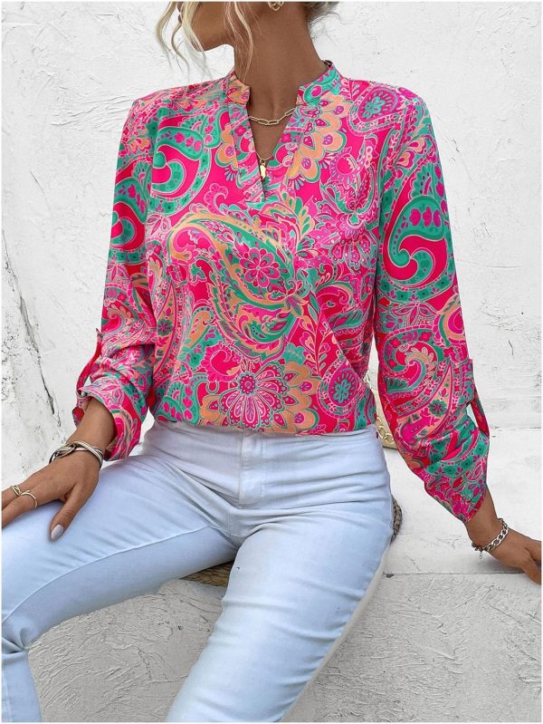 ⁦GORGLITTER Women's Loose Shirt Graphic Print Notched Long Sleeve Work Blouse Tops Hot Pink S⁩ - الصورة ⁦5⁩
