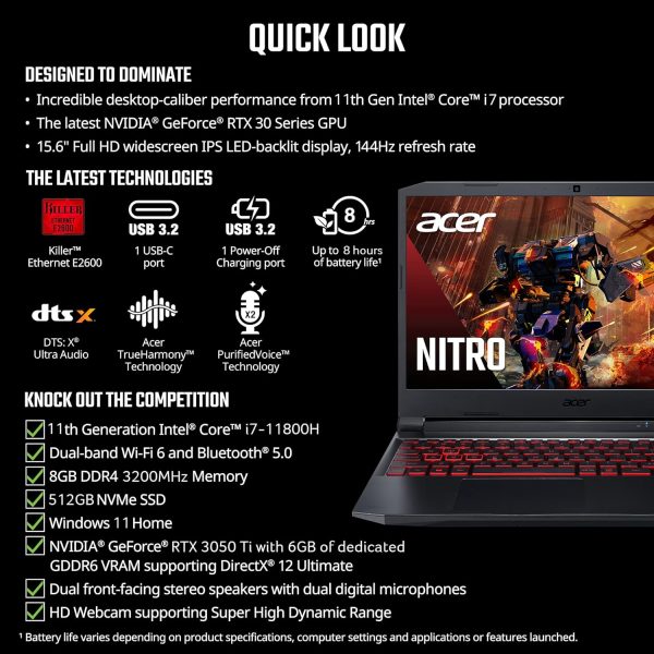 ⁦Acer Nitro 5 AN515-57-79TD Gaming Laptop|Intel Core i7-11800H|NVIDIA GeForce RTX 3050 Ti Laptop GPU|15.6" FHD 144Hz IPS Display|8GB DDR4|512GB NVMe SSD|Killer Wi-Fi 6|Backlit Keyboard,Black⁩ - الصورة ⁦6⁩
