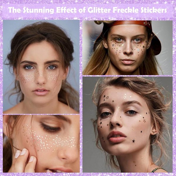 ⁦Glitter Freckles Face Stickers, Glitter Freckles, Gold Faces Makeup Patches, Sparkle Makeup Patches, Waterproof Face Glitters Speckles Stickers for Women, Metallic Gold Silver Temporary Stickerss 5Pcs⁩ - الصورة ⁦5⁩
