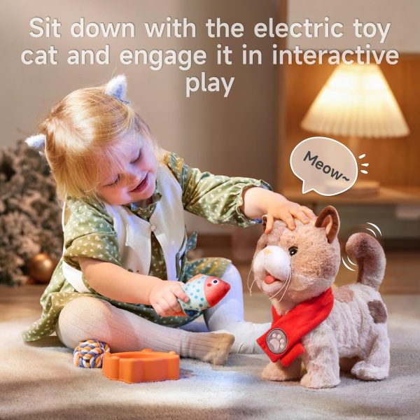 ⁦Interactive Electronic Plush Cat Toy for Kids, Realistic Walking Cat Toy That Walks, Meows,Tongues Out and Wags Tail, Kitten Pet Toy with Leash, Birthday Boys and Girls 3 4 5 6 7 Years Old⁩ - الصورة ⁦4⁩