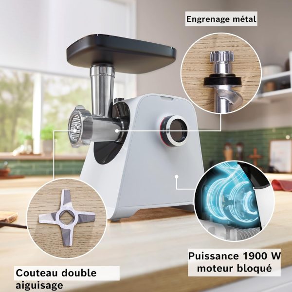 ⁦Bosch, MultiPower Series 4 Meat Grinder Powerful 1900 Watt Motor Meat Grinder Sausage Topper, White, MFWS420W⁩ - الصورة ⁦4⁩