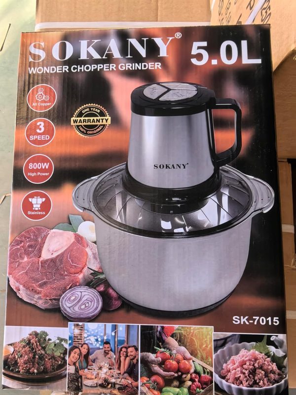 ⁦SOKANY SK-7015 800W Meat Grinder Electric, Food Processor Onion Vegetable Garlic Chopper Electric 4 Blades 5L Robust Stainless Steel Bowl (SK-7015, 800W, 5L)⁩ - الصورة ⁦8⁩