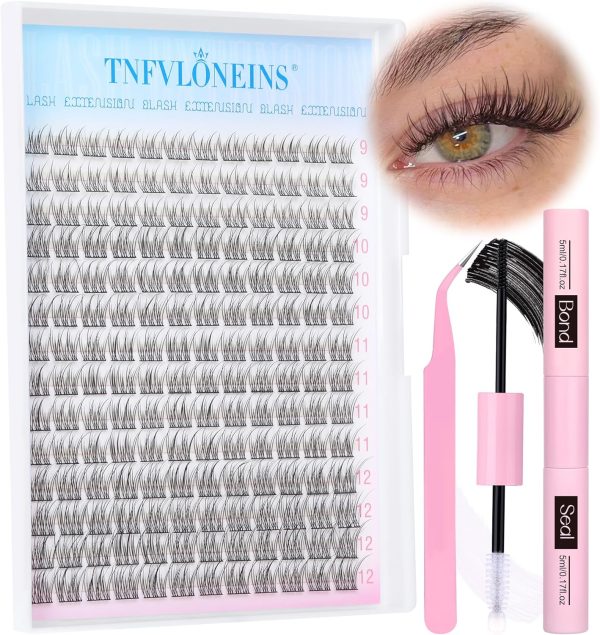 TNFVLONEINS Natural Lash Extension Kit 168Pcs Lash Clusters Kit Wispy Eyelash Extensions 9-12MM Individual Lashes Extensions with Bond and Seal Lash Glue and Eyelash Extension Tweezers DIY at Home