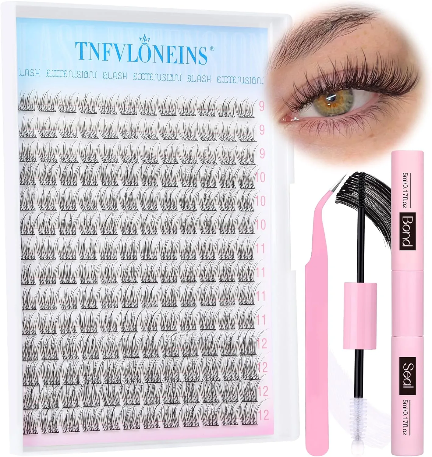 TNFVLONEINS Natural Lash Extension Kit 168Pcs Lash Clusters Kit Wispy Eyelash Extensions 9-12MM Individual Lashes Extensions with Bond and Seal Lash Glue and Eyelash Extension Tweezers DIY at Home
