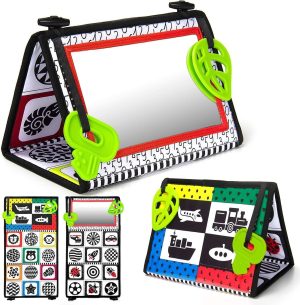 Tummy Time Floor Mirror, Newborn Toys Infant Toys 0 3 Months Brain Development High Contrast Baby Toys Black and White, Baby Mirror Tummy Time Toys for Infants Sensory Baby Toy 0-6 Months Gift