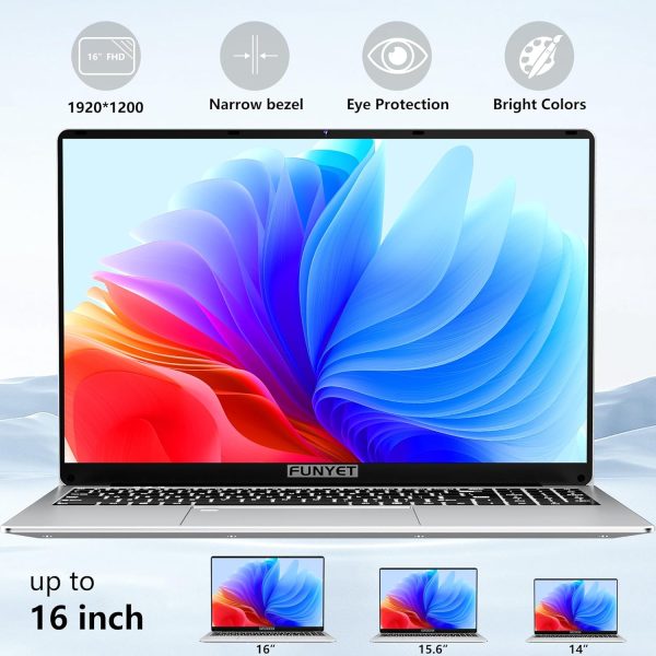 ⁦FUNYET 16 Inch Gaming Laptop, Laptop Computer 2025 Windows 11 Pro, 16GB RAM 1TB SSD, Intel 12th Gen N95 Processor(up to 3.4GHz), Backlit Keyboard, Fingerprint Unlock, FHD 1920 * 1200⁩ - الصورة ⁦3⁩