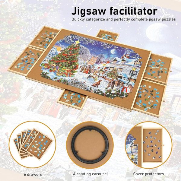 ⁦1500 Piece Rotating Puzzle Board with 6 Drawers and Cover, Portable Wooden Jigsaw Puzzle Table, Spinning Puzzle Boards for Adults and mom, 94 * 71 * 1.5Cm⁩ - الصورة ⁦6⁩