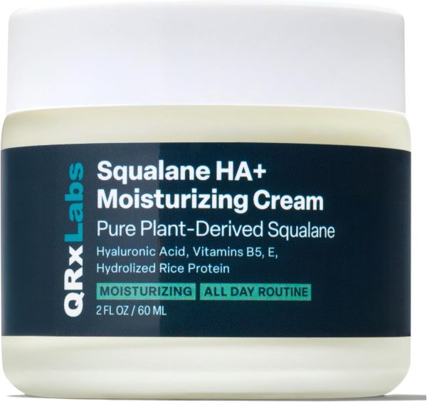 QRxLabs Plant-Based Squalane HA+ Moisturizing Cream with Hyaluronic Acid - Organic ECOCERT Approved USDA Certified Squalane Derived from Sugarcane - Moisturizer for Face, Body & Skin - 2 Fl Oz / 60 ml