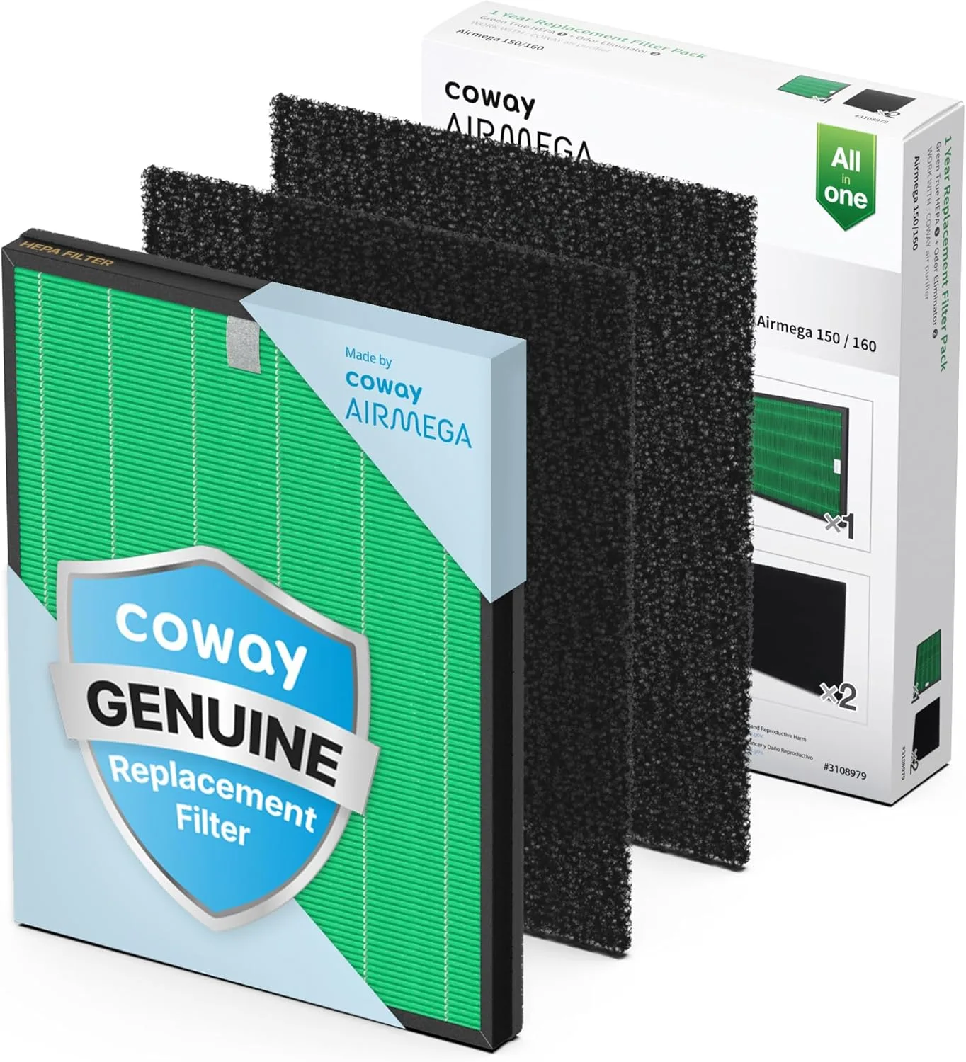 Coway Airmega 150 Air Purifier Replacement Filter Set, Green True HEPA and Active Carbon Filter, AP-1019C-FP