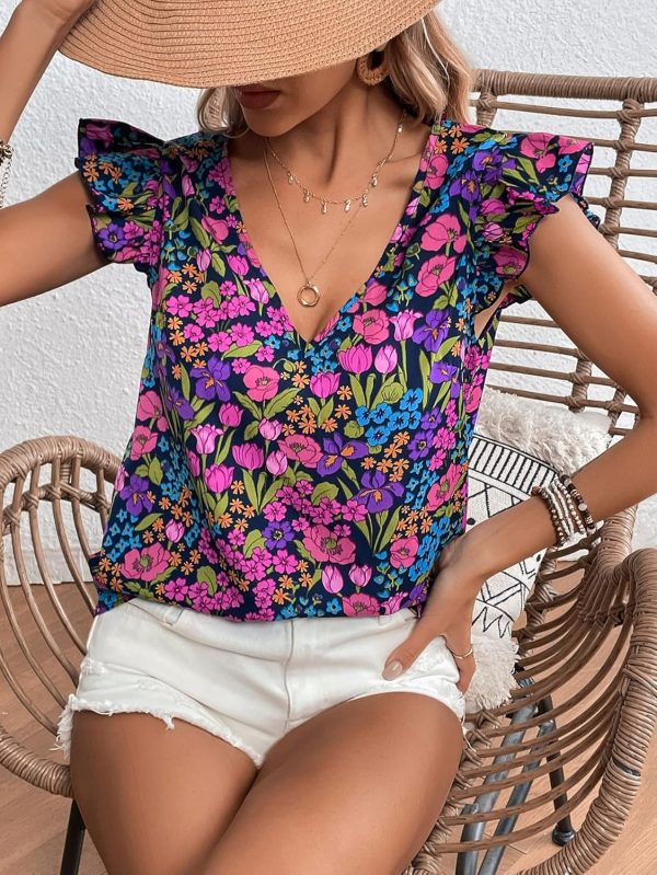 ⁦GORGLITTER Women's Allover Floral V Neck Ruffles Cap Sleeve Boho Blouse Top Multicolor M⁩ - الصورة ⁦3⁩