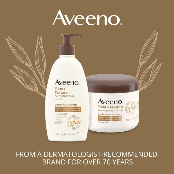 ⁦Aveeno Tone + Texture Renewing Body Night Cream With Prebiotic Oat, Gently Exfoliates & Moisturizes Sensitive Skin, Instantly Softens & Smooths & Intensely Nourishes, Fragrance-Free, 8 oz⁩ - الصورة ⁦6⁩
