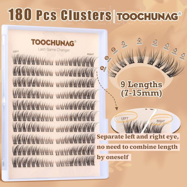 ⁦TOOCHUNAG Natural Lash Clusters 180pcs Individual Eyelashes Wispy Cluster Lashes 7-15mm C Curl Eyelash Clusters Left&Right DIY Individual Lashes Extension⁩ - الصورة ⁦2⁩